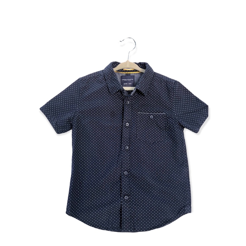 Boys, Button Down, Short Sleeve Shirt, DENIM & FLOWER, Size 5-6, Color-Navy